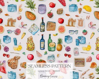 Summer Shopping Seamless Pattern – Cute and Girly Colourful Food, Drinks & Sunglasses on White Background, Preppy on Trend Digital Paper