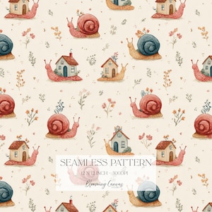 Puede incluir: Patrón sin costuras con ilustraciones en acuarela de caracoles con casas sobre sus espaldas, rodeados de flores y follaje. Los caracoles tienen conchas rojas, azules y beige. El fondo es de color crema. Se muestra el texto "Seamless Pattern".