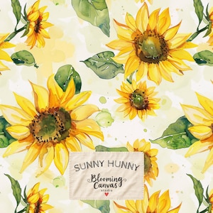 May include: A repeating pattern of yellow sunflowers with green leaves on a light cream background. A rectangular fabric label is centered at the bottom with the text SUNNY HUNNY Blooming Canvas studio and a small red heart icon printed on it.