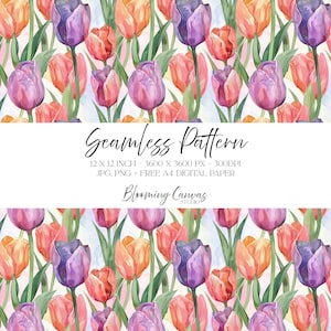 Puede incluir: Un patrón sin costuras con tulipanes de acuarela en tonos morado, naranja y rosa. Se ven tallos y hojas verdes. Se muestra el texto "Seamless Pattern", junto con las dimensiones 30,48 x 30,48 cm.
