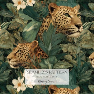 Puede incluir: Patrón sin costuras con cabezas de leopardo entre exuberante follaje verde y flores blancas. El diseño incluye el texto "SEAMLESS PATTERN" y "12 x 12 INCH - 300DPI" y "Blooming Canvas Studio".