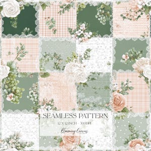 Könnte beinhalten: Ein nahtloses Muster aus einem Raster von Quadraten in Salbeigrün, sanftem Pfirsich und Weiß. Das Design umfasst Blumenarrangements, Weintrauben, Karomuster und Punkte, eingerahmt von weißer Spitze. Text: SEAMLESS PATTERN 12 X 12 INCH - 300DPI Blooming Canvas.