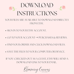 May include: A light pink informational graphic with black text titled DOWNLOAD INSTRUCTIONS. It outlines steps to access files from an Etsy account, including navigating to Purchases and Reviews, clicking download, and saving files, plus guest checkout info.