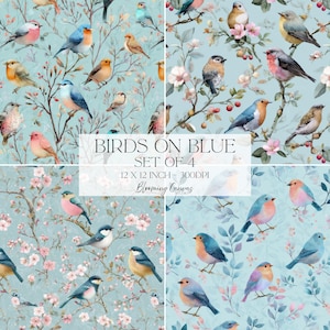 May include: Set of four 12 x 12 inch digital art prints featuring watercolor illustrations of colorful birds perched on flowering branches against a light blue background. The text "Birds on Blue" is displayed.