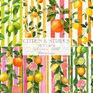 Op de afbeelding: Een digitale papierset met acht patronen van aquarel citrusvruchten en bladeren over verticale strepen in diverse kleuren. De tekst luidt CITRUS & STRIPES SET OF 8 12 X 12 INCH - 300DPI Blooming Canvas Studio.