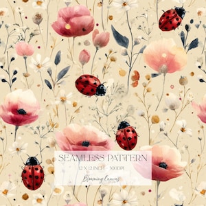 Patrón sin costuras de mariquitas, papel digital de mariquitas, estampado de flores silvestres y amapolas rosas para impresión bajo demanda y manualidades, diseño de tela Cottage Garden.