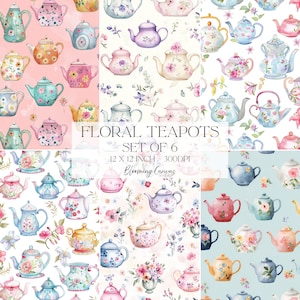 Sömlöst blommigt tekannamönster, set med 6 akvarelldesigner från Cottagecore, digitala papper för vintage tebjudningar, vackert tygtryck