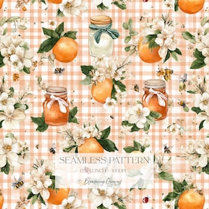 Puede incluir: Un patrón continuo con naranjas, flores blancas, hojas verdes, tarros de miel con cintas blancas y pequeñas abejas sobre un fondo de cuadros vichy naranja claro. La imagen incluye el texto SEAMLESS PATTERN 12 X 12 INCH 300DPI.