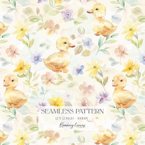 Op de afbeelding: Naadloos patroon met aquarel illustraties van gele eendjes, gele, paarse en roze bloemen en groene bladeren op een lichte achtergrond. Het patroon bevat de tekst "SEAMLESS PATTERN" en "12 x 12 INCH - 300DPI".