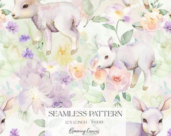 Spring Lamb Seamless Pattern, Watercolour Lamb With Spring Flower, Pastel Easter Lamb Digital Paper, Nursery Fabric Print & Journal Craft