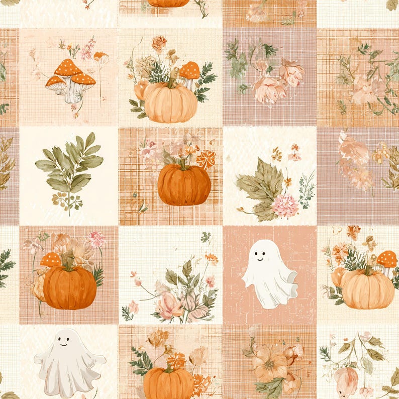 Peut inclure: Un motif r&eacute;p&eacute;titif de tissu compos&eacute; d'une grille de carr&eacute;s illustrant des citrouilles orange, des fant&ocirc;mes blancs aux visages simples, du feuillage vert et diverses fleurs dans des tons p&ecirc;che, cr&egrave;me et brun sur un fond textur&eacute;.
