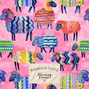May include: A repeating pattern of stylized sheep with dark blue faces and colorful, patterned wool on a bright pink watercolor background. A rectangular label in the center features the text RAINBOW FLOCK Blooming Canvas studio.