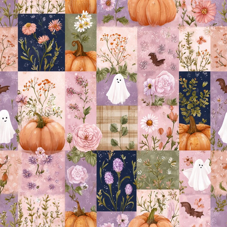 May include: A repeating pattern fabric featuring a patchwork of rectangular blocks. The design includes orange pumpkins, white ghosts, brown bats, and various floral arrangements in shades of pink, purple, and green against dark and light backgrounds.