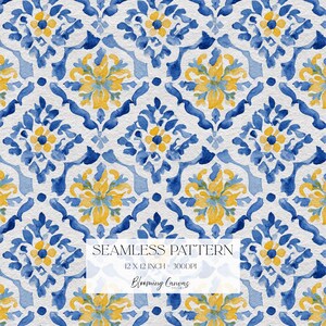 May include: Watercolor seamless pattern featuring a repeating design of blue and yellow floral motifs on a white background. The pattern includes stylized flowers and decorative elements. The image includes the text "SEAMLESS PATTERN" and "12 x 12 INCH - 300DPI".