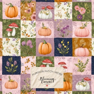 Autumn Pumpkin Patchwork Seamless Pattern, Fall Quilt Digital Paper, Floral Mushroom Repeat, Cottagecore Fabric Design, Halloween Wallpaper