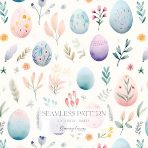 Pastel Watercolour Easter Eggs Seamless Pattern, Spring Flower Egg Pattern, Easter Digital Paper for Crafts, Fabric & Surface Design
