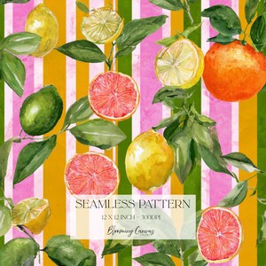 Può includere: Un motivo senza cuciture con illustrazioni ad acquerello di limoni, lime e pompelmi con foglie verdi su uno sfondo di strisce verticali gialle, rosa e bianche. Il testo recita SEAMLESS PATTERN 12 X 12 INCH - 300DPI Blooming Canvas.