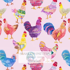 Patterned Chickens Seamless Pattern, Colourful Funky Hens Print, Watercolour Rooster Farmhouse Digital Paper, Quirky Whimsical Design
