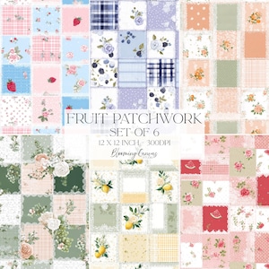 Könnte beinhalten: Ein Set aus sechs digitalen Patchwork-Mustern mit Obst- und Blumenmotiven in verschiedenen Farbpaletten. Der Text lautet FRUIT PATCHWORK SET OF 6, 12 X 12 INCH - 300DPI und Blooming Canvas Studio. Jedes Quadrat zeigt unterschiedliche Designs.