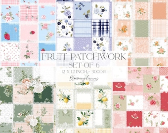 Fruit Patchwork Seamless Patterns Set of 6, Cottagecore Quilt Fabric Designs with Gingham Lace & Florals Digital Paper, Cute Coquette Prints