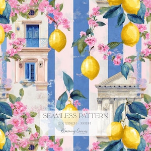 Puede incluir: Patrón sin costuras con limones amarillos, flores rosas y elementos arquitectónicos sobre un fondo a rayas azules y blancas. El diseño incluye el texto "SEAMLESS PATTERN" y "12 X 12 INCH - 300DPI" y el logotipo de Blooming Canvas Studio.