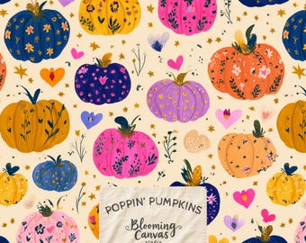 Motif sans couture de citrouilles colorées, papier numérique floral automnal d'art populaire, motif de tissu d'automne, papier peint original et fantaisiste