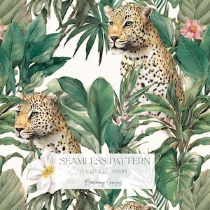 May include: Seamless pattern featuring two leopards amidst lush green tropical foliage and pink flowers. The design includes the text "SEAMLESS PATTERN" and "12 x 12 INCH - 300DPI" with the Blooming Canvas Studio logo.