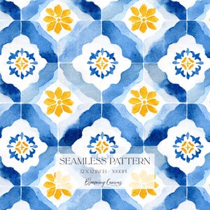 May include: A seamless pattern featuring a watercolor tile design in shades of blue, white, and yellow. The repeating motif includes stylized floral shapes and geometric borders. Text reads: SEAMLESS PATTERN 12 X 12 INCH - 300DPI Blooming Canvas.