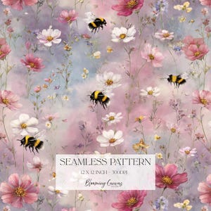 Peut inclure: Un motif sans couture présentant un design floral de style aquarelle avec des fleurs cosmos roses et blanches, des tiges vertes et des bourdons sur un fond nuageux doux. Le texte indique : SEAMLESS PATTERN 12 X 12 INCH - 300DPI Blooming Canvas.