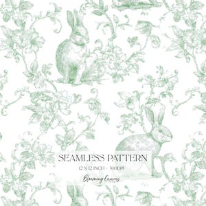 May include: Seamless pattern featuring rabbits and floral elements in a soft green hue on a white background. The design includes detailed illustrations of bunnies amidst stylized flowers and foliage. The text "Seamless Pattern" is displayed.