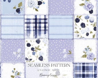 Blackberry Patchwork Seamless Pattern, Floral Cottagecore Fabric Design, Gingham & Lace Quilt Style Digital Paper, Coquette Fruit Print