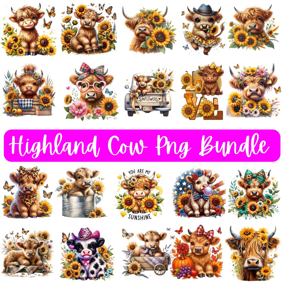Highland Cow Sunflower Clipart PNG Bundle, Rustic Farmhouse Graphics ...