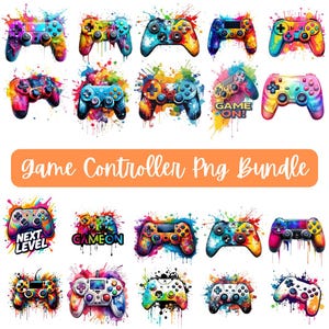 May include: A collection of colorful game controller PNG images with watercolor splash effects. The controllers feature various button layouts and designs, with text that says "Game On!" and "Next Level". The image also includes the text "Game Controller Png Bundle".