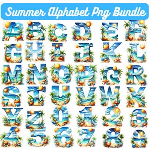 Puede incluir: Un conjunto gráfico digital titulado Summer Alphabet Png Bundle que incluye las letras de la A a la Z y los números del 0 al 9. Cada carácter está relleno con una escena de playa que incluye olas azules, arena, palmeras, soles, cangrejos y conchas.