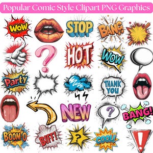 May include: A collection of comic book style clipart graphics featuring speech bubbles, sound effects like WOW, BANG, BOOM-O, HOT, NEW, PARTY, THANK YOU, COOL, and BIFF, along with illustrations of lips, a thumbs up, arrows, and question marks.