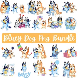 Può includere: Una collezione di immagini PNG di personaggi di cani dei cartoni animati colorati. Le immagini presentano varie pose e scene, tra cui gruppi familiari, strumenti musicali e feste di compleanno. Il testo "Bluey Dog Png Bundle" è visualizzato in arancione.