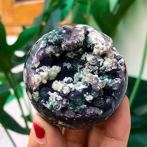 Stunning Purple and Green Grape Agate Sphere, Rare Two-Tone Botryoidal Crystal, Sparkling Natural Chalcedony Orb, Unique Collector Specimen