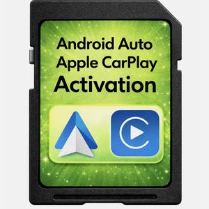 May include: A black SD card with a green background and the text "Android Auto Apple CarPlay Activation." The card features two icons: a blue and white navigation symbol and a blue play button.