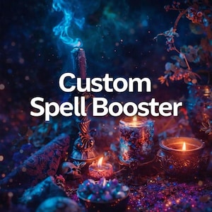 May include: A dark, atmospheric scene featuring the text Custom Spell Booster in white letters, surrounded by multiple lit candles, glowing embers, and small crystals in shades of deep blue, purple, and warm orange, creating a mystical aesthetic.