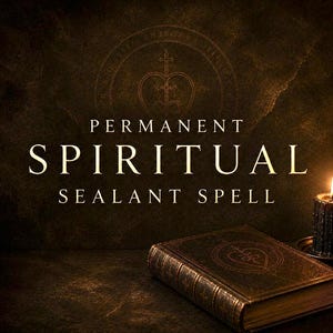 May include: A dark, moody image featuring a lit candle, a leather-bound book, and the words "PERMANENT SPIRITUAL SEALANT SPELL." The book has a heart-shaped emblem. The background is a textured, brown surface.