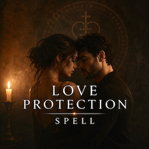 May include: A dark, romantic image of a couple with foreheads touching, with the words "LOVE PROTECTION SPELL" in white. A lit candle on the left casts a warm light. The background features a circular design with a cross and heart symbol.