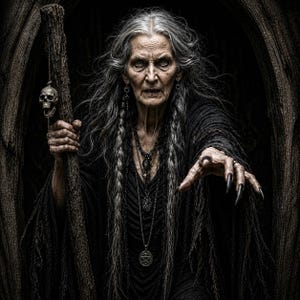 May include: An elderly person with long gray hair and braids wearing a black textured robe and layered necklaces with a pentagram pendant. They hold a dark wooden staff with a small skull charm hanging from it and reach forward with long dark nails.