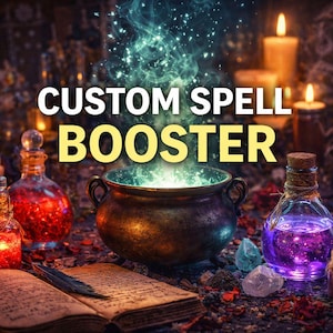 May include: An image with the text "CUSTOM SPELL BOOSTER" over a mystical scene. A cauldron emits green light, surrounded by potion bottles, candles, an open book, and crystals. The scene evokes a magical theme.