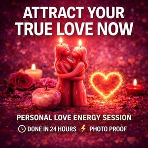 Puede incluir: Imagen romántica con el texto "ATTRACT YOUR TRUE LOVE NOW". Presenta dos velas rojas con forma de figuras abrazándose, rodeadas de velas, rosas y un corazón brillante. También está presente el texto "PERSONAL LOVE ENERGY SESSION".