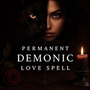 Könnte beinhalten: Eine dunkle Komposition mit dem geteilten Gesicht einer schwarzen Katze und einer Person, einer roten Rose und einer brennenden Kerze im Halter. Der Text PERMANENT DEMONIC LOVE SPELL steht zentriert in weißen Großbuchstaben über einem Emblem.