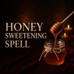 May include: A jar of honey with a wooden honey dipper, with the text "HONEY SWEETENING SPELL". The honey is dripping into the jar. The jar is tied with twine. Two candles and a red flower are in the background.