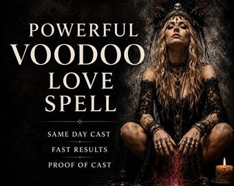 Puede incluir: Un gráfico digital que muestra a una persona con cabello rubio largo, vestida con un conjunto de encaje negro y un tocado ornamentado. El texto dice: POWERFUL VOODOO LOVE SPELL, SAME DAY CAST, FAST RESULTS, PROOF OF CAST. Una luz roja emana de un cuenco.