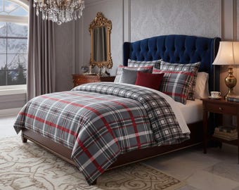 Luxury 100% Cotton Reversible Duvet Cover Set with Pillowcases 200TC - Check Charcoal