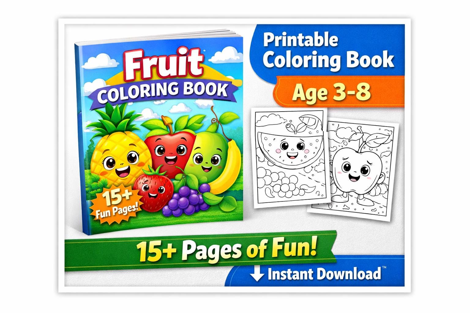 Cute Fruit Coloring Pages for Kids | Fun Activity Book Printable Fruits ...