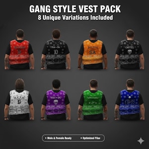 Puede incluir: Una colección de ocho chalecos con diseños únicos, cada uno con un color y patrón diferente. Los chalecos incluyen texto y elementos gráficos, como calaveras y letras. La imagen incluye el texto "GANG STYLE VEST PACK" y "8 Unique Variations Included."